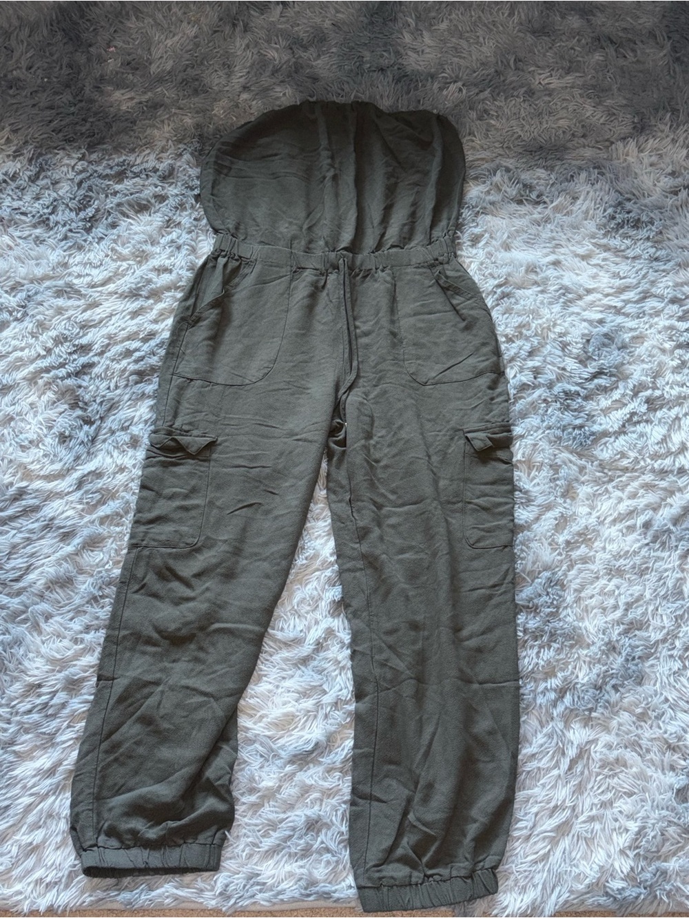 Olive Green Strapless Cargo Jumpsuit